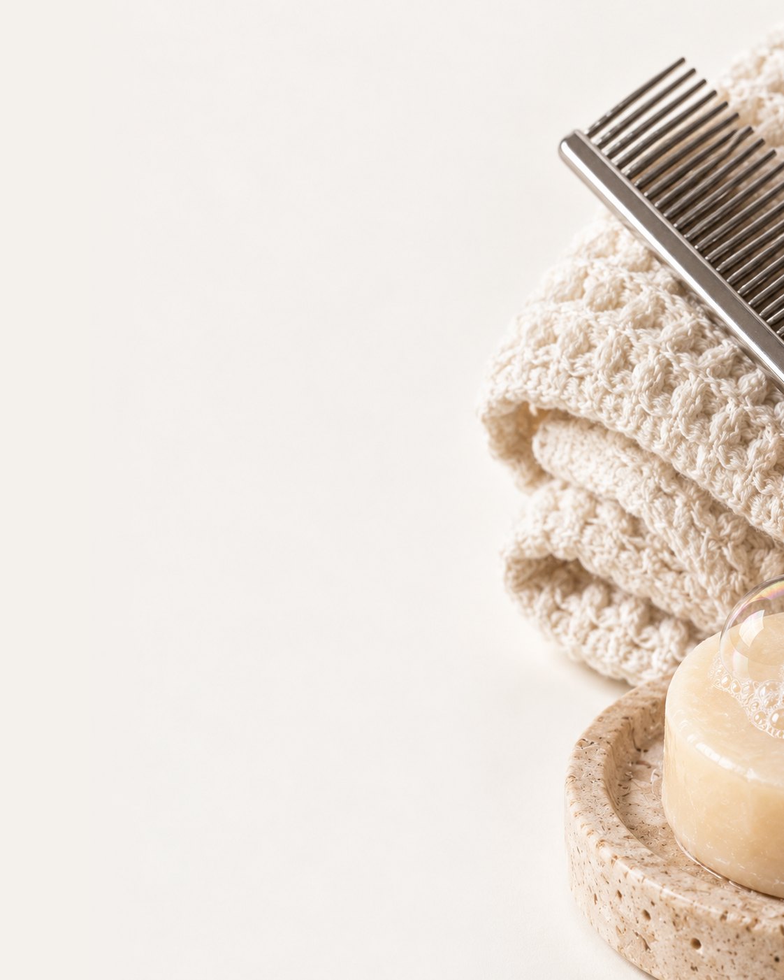Close-up of a waffle towel, comb and shampoo bar for the Sleek department