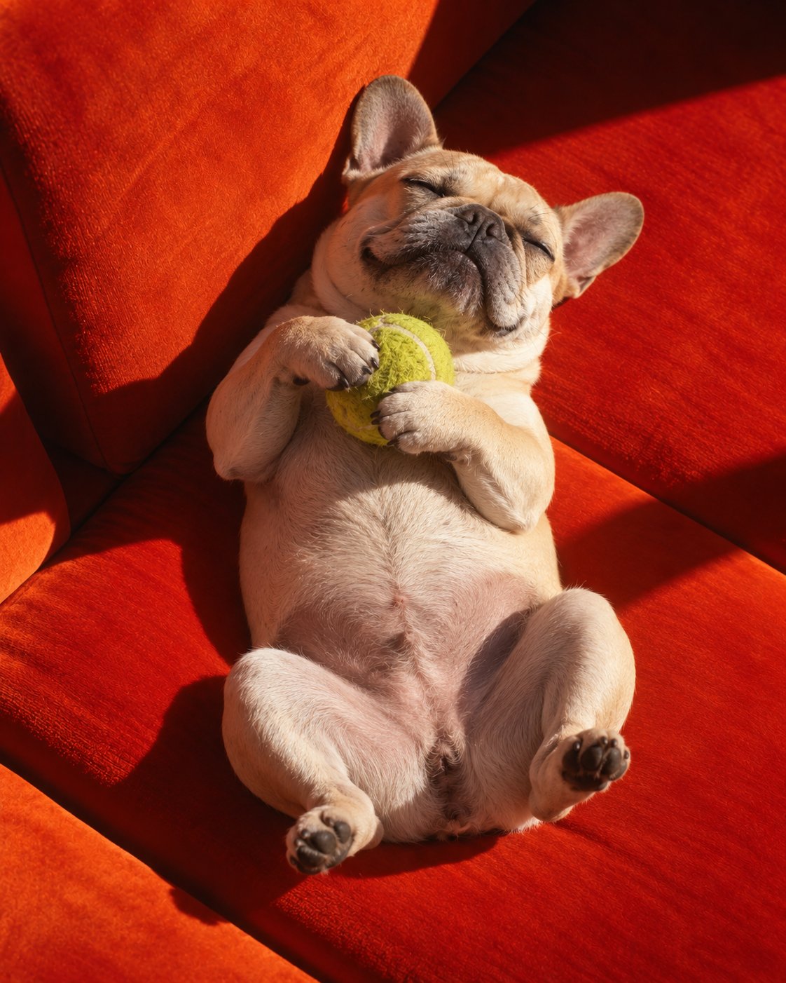 French bulldog asleep on its back holding a tennis ball on an orange sofa