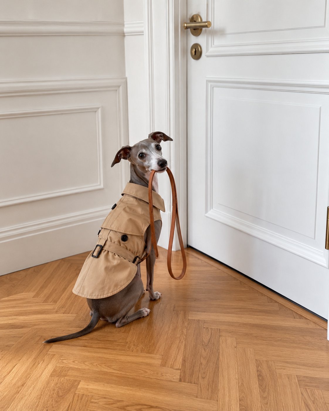 Italian greyhound in a trench coat waiting at the door with its leash